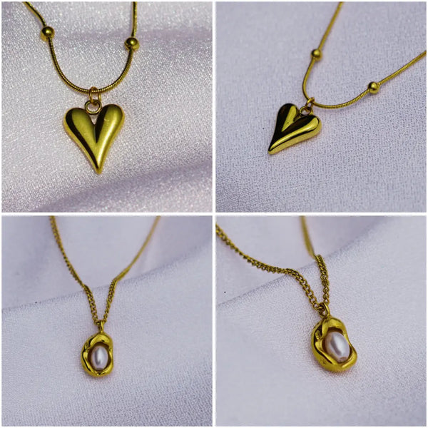 Combo of 2 - Heart Pendant - Pearl Pendant - 18K Gold-Plated Stainless Steel
