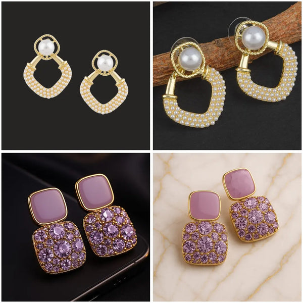 Combo of 2 - Pearl & Bead - Square Drop Earrings