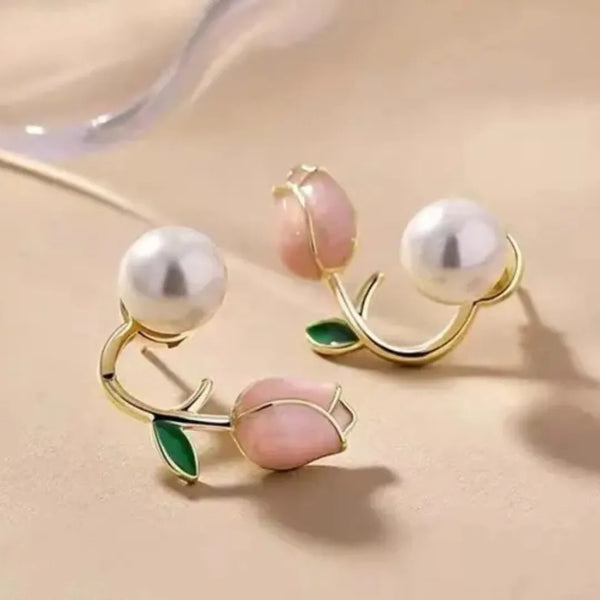 Pink Tulip Flower Stud Earrings
